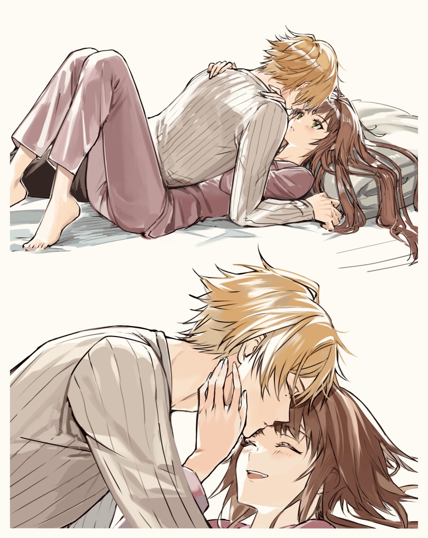 1boy, 1girl, absurdres, bed, blonde_hair, brown_hair, cezaria, collar_x_malice
