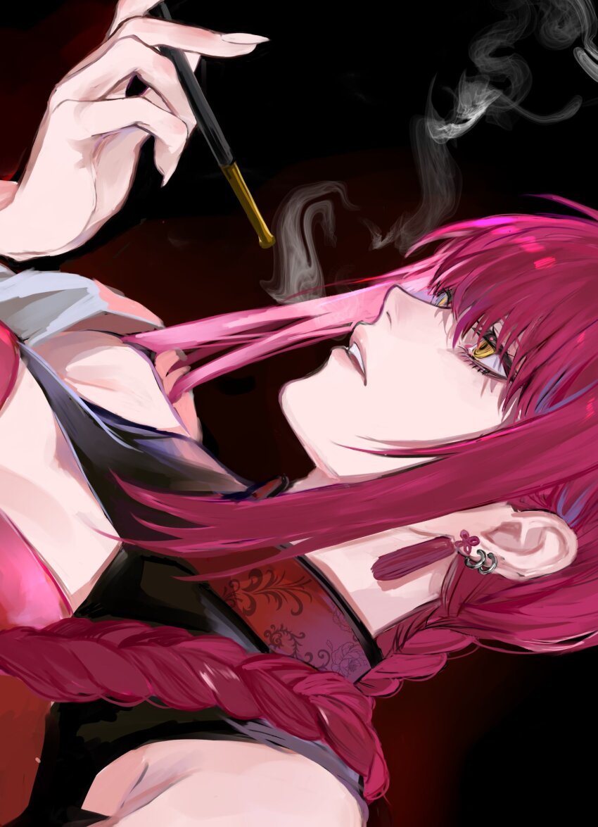 1girl, ancoo_mm, black_background, braid, braided_ponytail, chainsaw_man, cleavage_cutout, clothing_cutout, earrings, highres, holding, holding_smoking_pipe, jewelry, long_hair, makima_(chainsaw_man), parted_lips, red_hair, ringed_eyes, single_braid, smoke, smoking, smoking_pipe, solo, tassel, tassel_earrings, yellow_eyes