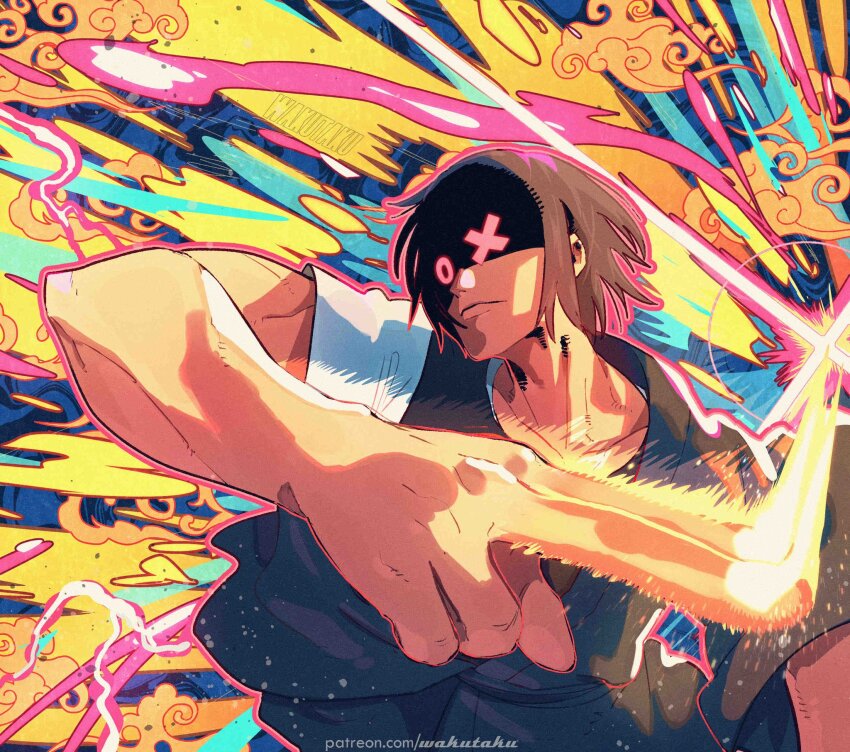 1boy, black_hair, blue_kimono, closed_mouth, en'en_no_shouboutai, fire, highres, japanese_clothes, kimono, layered_clothes, layered_sleeves, long_sleeves, male_focus, shinmon_benimaru, shirt, short_hair, short_over_long_sleeves, short_sleeves, solo, symbol-shaped_pupils, taku_(aywakutakuay), white_shirt