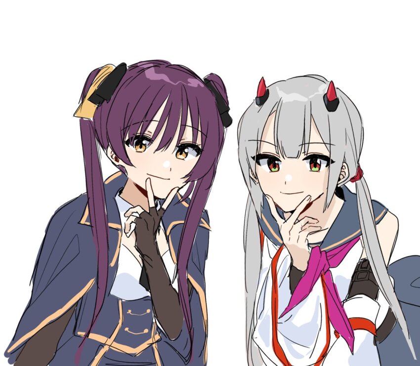 2girls, arm_at_side, armband, assault_lily, bare_shoulders, black_necktie, blue_cloak, blue_sailor_collar, blue_shirt, blue_skirt, blunt_bangs, brown_hair, cloak, closed_mouth, collared_shirt, commentary_request, danji_bang, detached_sleeves, elbow_gloves, fingerless_gloves, fujita_asagao, gloves, green_eyes, grey_hair, hair_between_eyes, hand_up, harusaki_non, hayashida_mahiro, hishida_haru, horns, layered_sleeves, leaning_forward, long_hair, long_sleeves, looking_at_viewer, low_twintails, mechanical_horns, multicolored_eyes, multiple_girls, neckerchief, necktie, odaiba_girls_high_school_uniform, photo-referenced, purple_hair, purple_neckerchief, red_eyes, red_horns, sailor_collar, school_uniform, serafuku, shirt, short_necktie, simple_background, sketch, skirt, sleeveless, sleeveless_shirt, smile, standing, twintails, two-tone_shirt, upper_body, v, v_over_mouth, voice_actor_connection, white_background, white_shirt, wide_sleeves, yellow_eyes