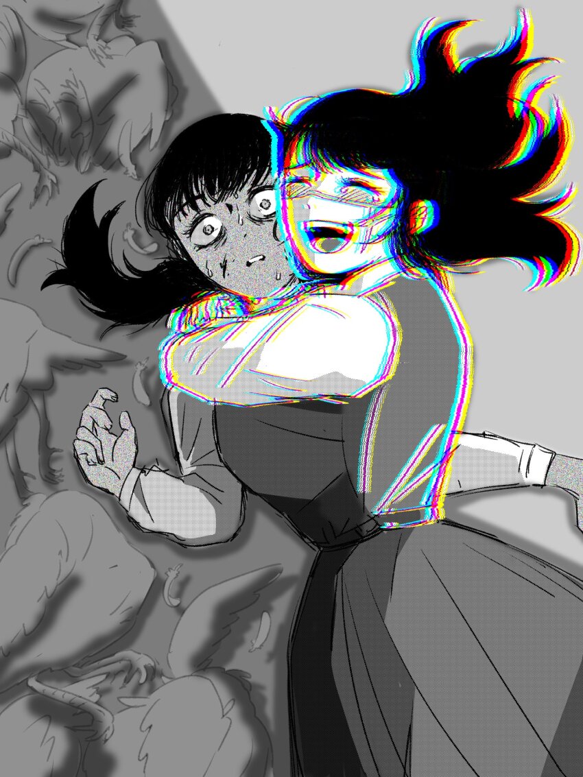 2girls, black_hair, blood, blood_on_face, blush, bucky_(chainsaw_man), chainsaw_man, chromatic_aberration, closed_eyes, corpse, cross_scar, dress, facial_scar, fourth_east_high_school_uniform, glitch, highres, hug, long_hair, looking_at_viewer, mitaka_asa, monochrome, multiple_girls, nya_tt0, open_mouth, pinafore_dress, scar, scar_on_cheek, scar_on_face, school_uniform, sleeveless_dress, smile, sweat, yoru_(chainsaw_man)