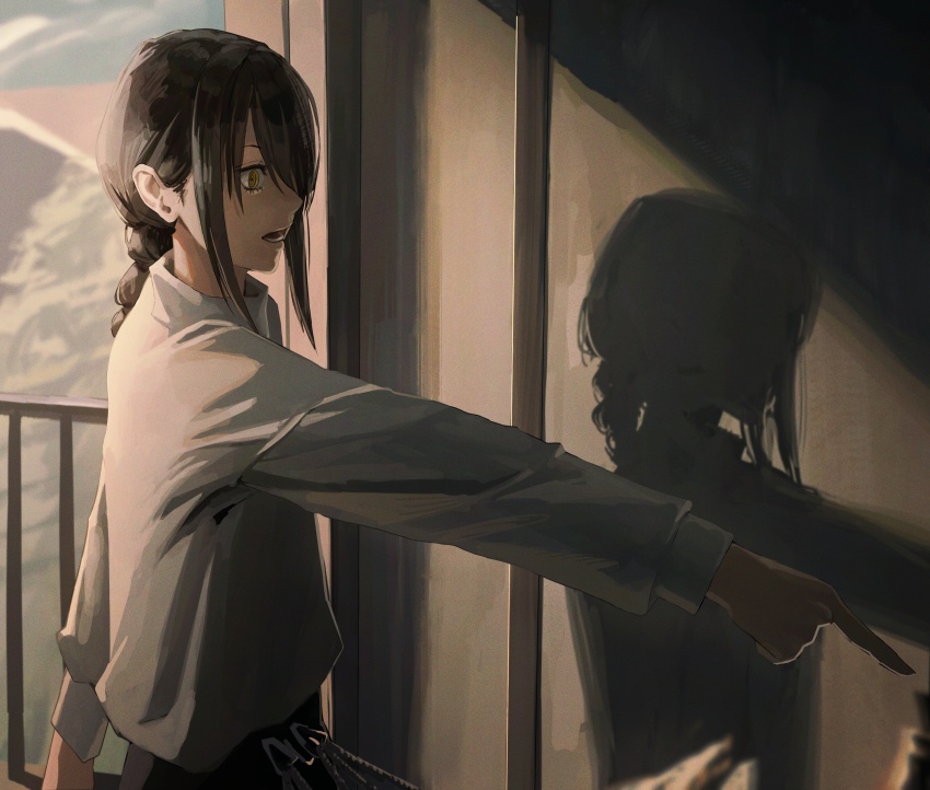 1girl, absurdres, ao_desu2222, braid, braided_ponytail, chainsaw_man, grey_sweater, hair_over_one_eye