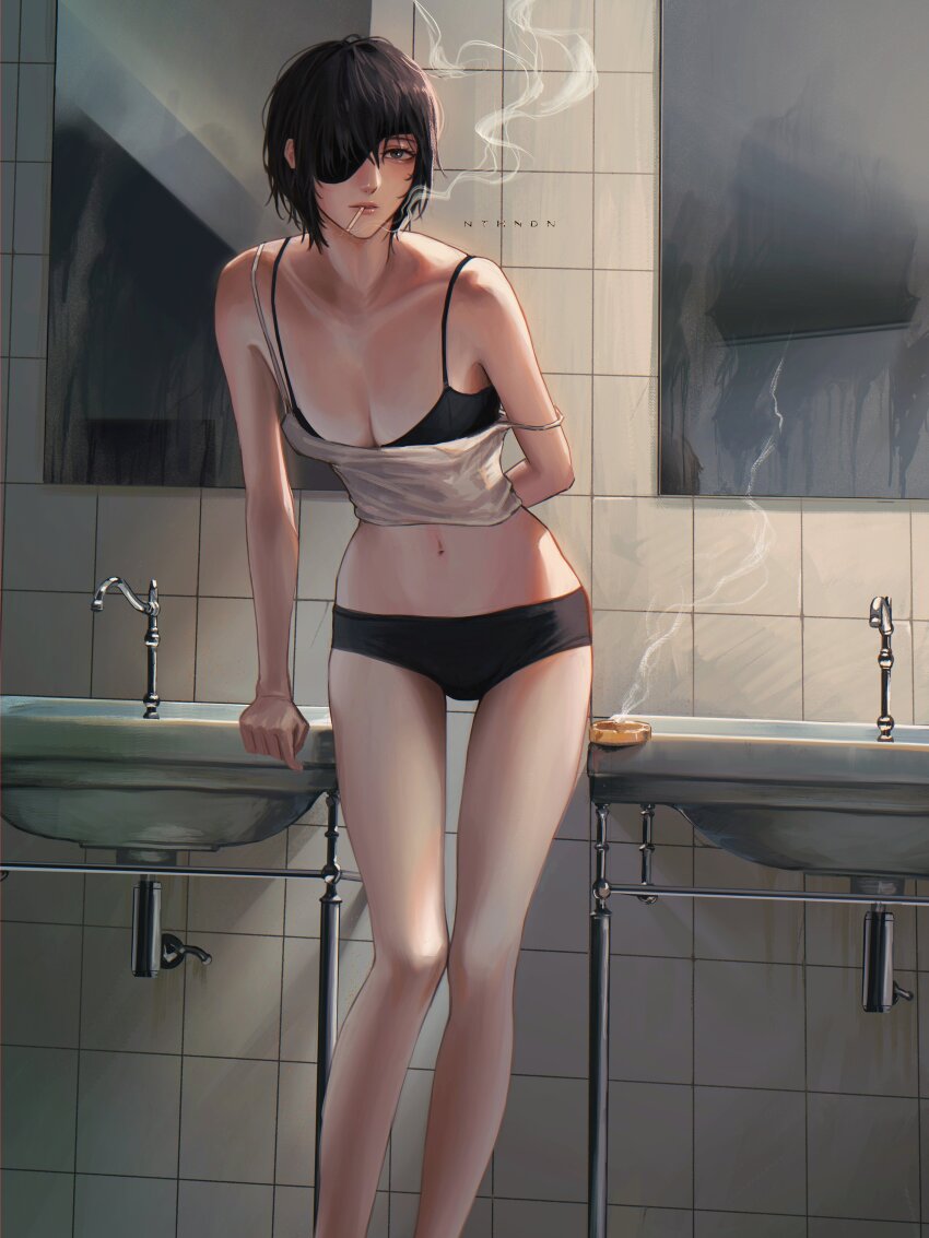 1girl, absurdres, arm_behind_back, artist_name, black_hair, black_panties, breasts, camisole