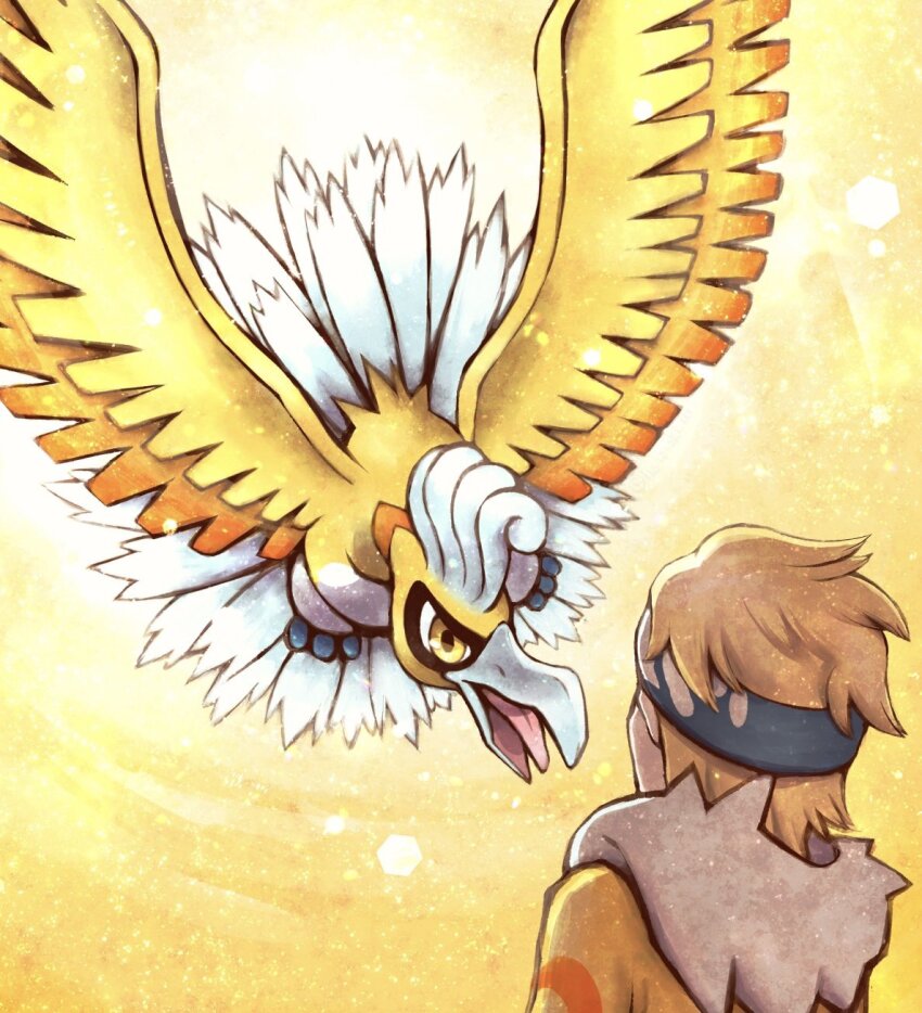 1boy, alternate_color, beak, blonde_hair, feathers, gen_2_pokemon, hanasaki_(1470267), headband