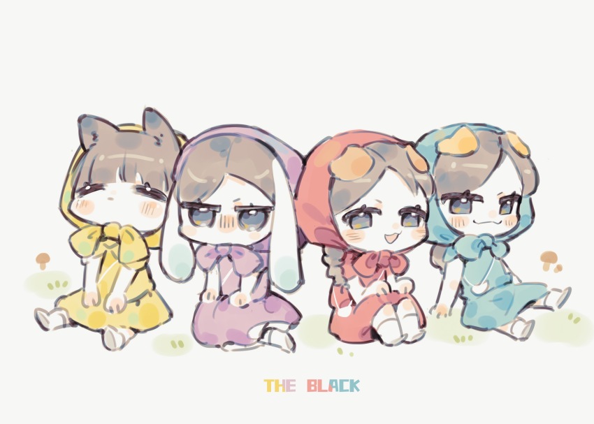 4girls, :3, akechi_(826988799), animal_ears, animification, black_hair, blue_dress, blue_eyes