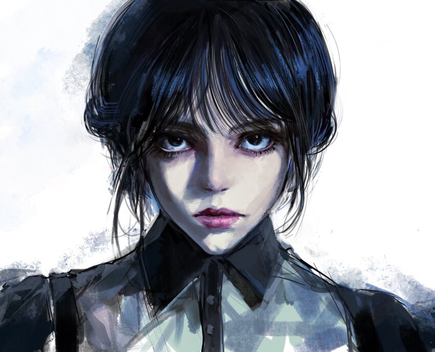 1girl, the_addams_family, black_eyes, black_hair, braid, collared_dress, commentary, dress, evl_1230, expressionless, highres, korean_commentary, lips, looking_at_viewer, portrait, real_life, red_lips, solo, straight-on, wednesday_(netflix), wednesday_addams, white_background