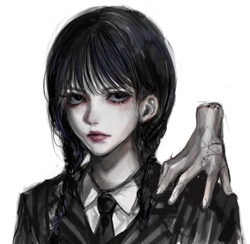 1girl, 1other, the_addams_family, black_eyes, black_hair, braid, commentary, disembodied_hand, evl_1230, expressionless, hand_on_another's_shoulder, highres, korean_commentary, looking_at_viewer, portrait, red_lips, sideways_glance, stitched_hand, stitches, thing_(the_addams_family), twin_braids, twintails, wednesday_(netflix), wednesday_addams, white_background