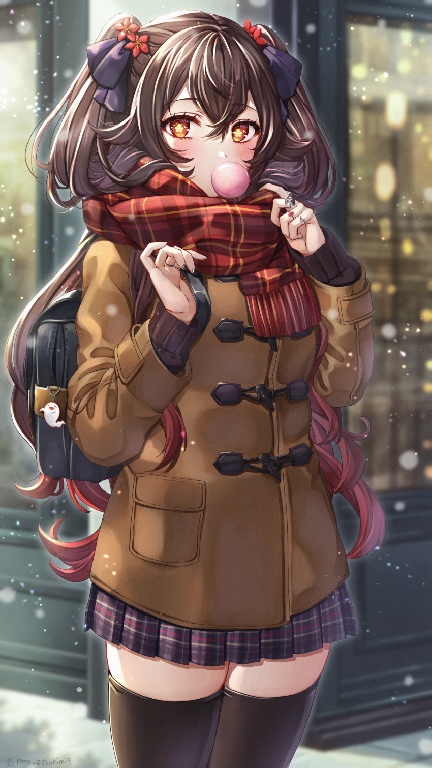 1girl, :d, absurdres, backpack, bag, blowing_bubble_gum, blowing_bubbles, blush