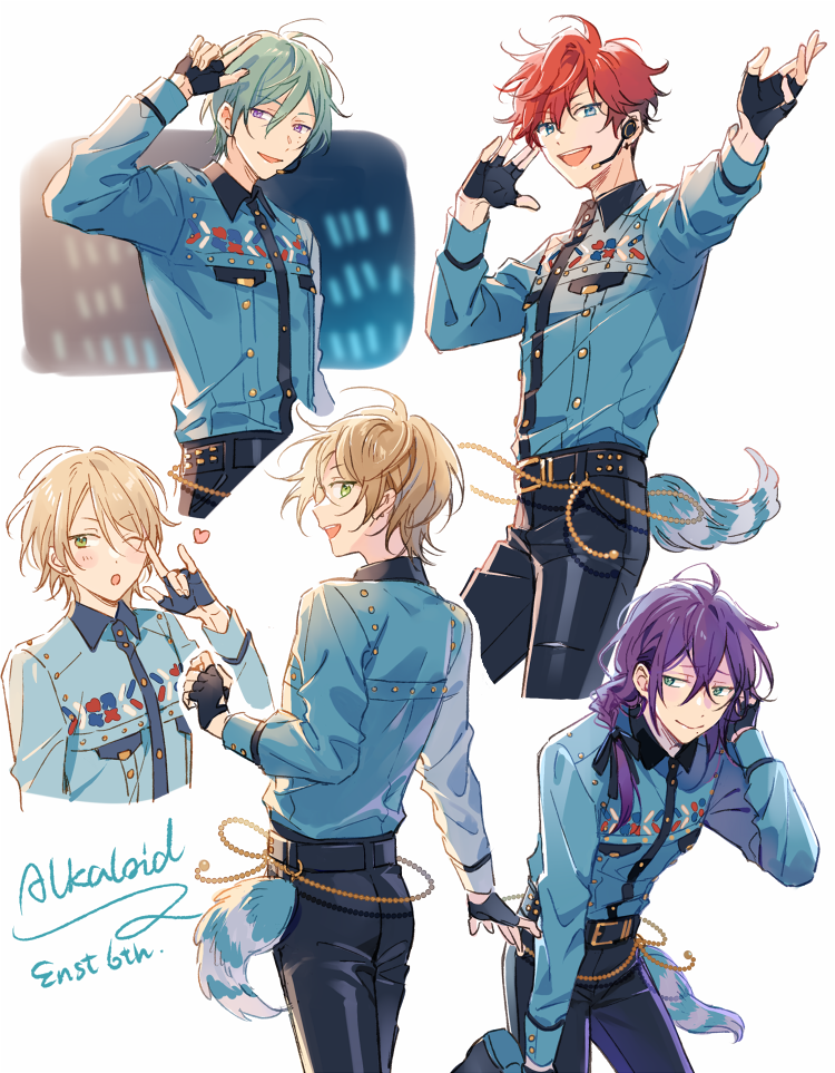 4boys, alkaloid_(ensemble_stars!), amagi_hiiro, ayase_mayoi, belt, black_bow, black_bowtie, black_gloves, black_pants, blonde_hair, blue_eyes, bow, bowtie, braid, buttons, closed_mouth, collared_shirt, commentary, ensemble_stars!, fingerless_gloves, gloves, green_eyes, green_hair, hair_between_eyes, kazehaya_tatsumi, long_hair, long_sleeves, male_focus, microphone, multiple_boys, one_eye_closed, open_mouth, pants, purple_eyes, purple_hair, red_hair, seuga, shiratori_aira_(ensemble_stars!), shirt, short_hair, tail, tail_ornament, teeth, upper_teeth_only