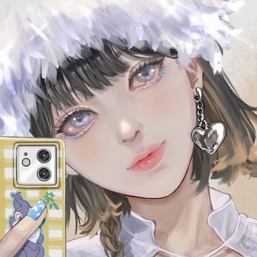 1girl, bambi_(movie), black_hair, blue_nails, braid, brown_hair, cellphone, collarbone