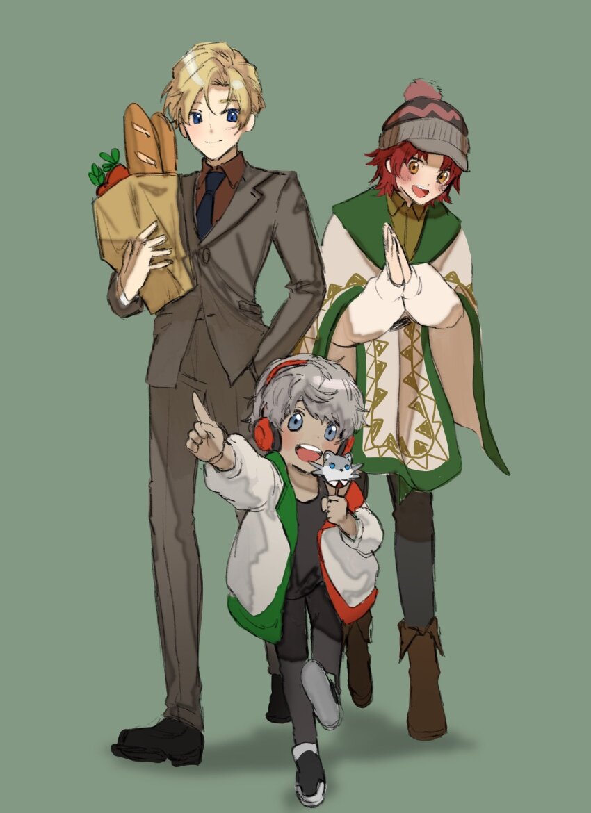 3boys, :d, aged_down, animal, animal_on_shoulder, arurandeisu, bag, beanie
