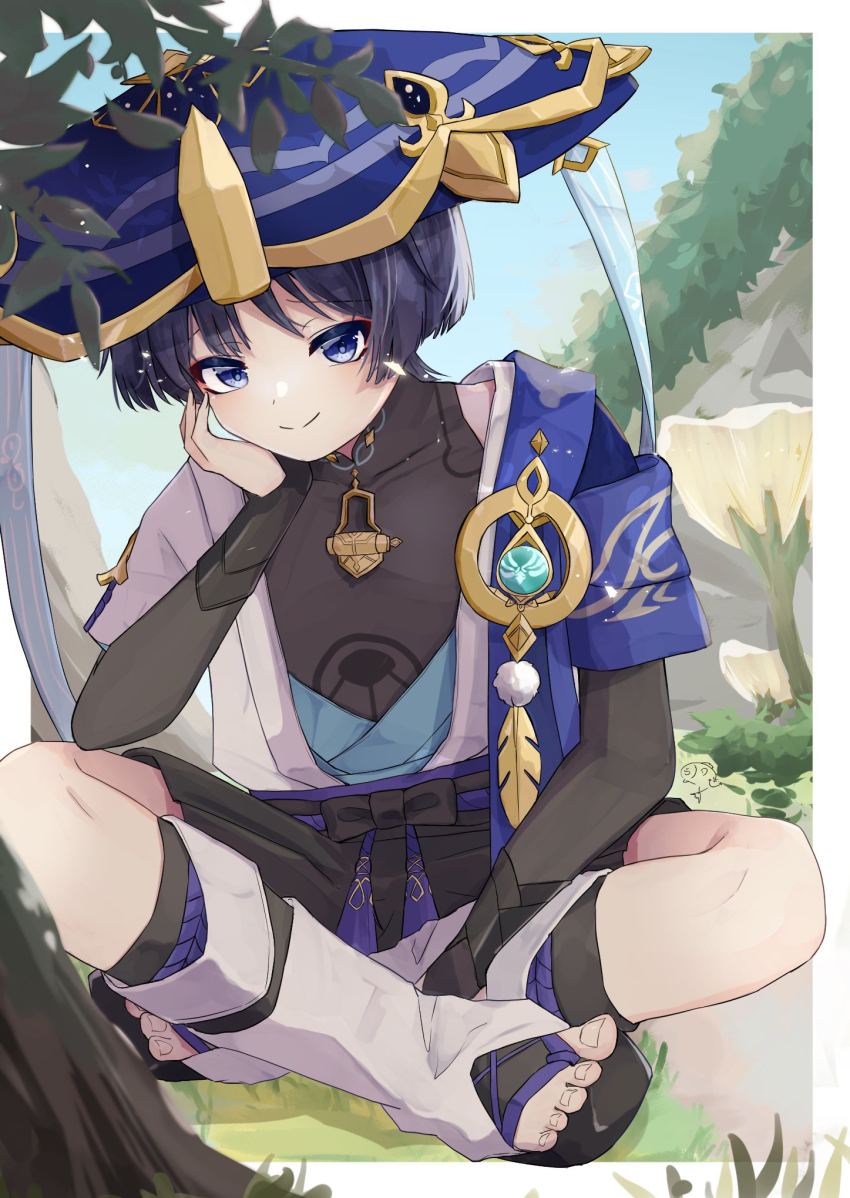 1boy, black_hair, black_sandals, black_sash, black_shirt, black_shorts, blue_hat, closed_mouth