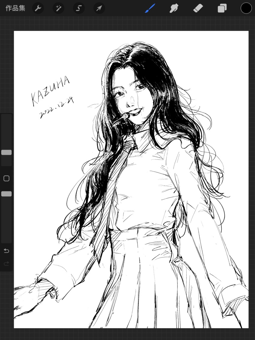 1girl, art_program_in_frame, character_name, chinese_commentary, chunqing_jisandi, collared_shirt, dated, earpiece, greyscale, highres, k-pop, le_sserafim, long_hair, looking_at_viewer, monochrome, nakamura_kazuha, necktie, parted_lips, real_life, shirt, shirt_tucked_in, sketch, smile, solo