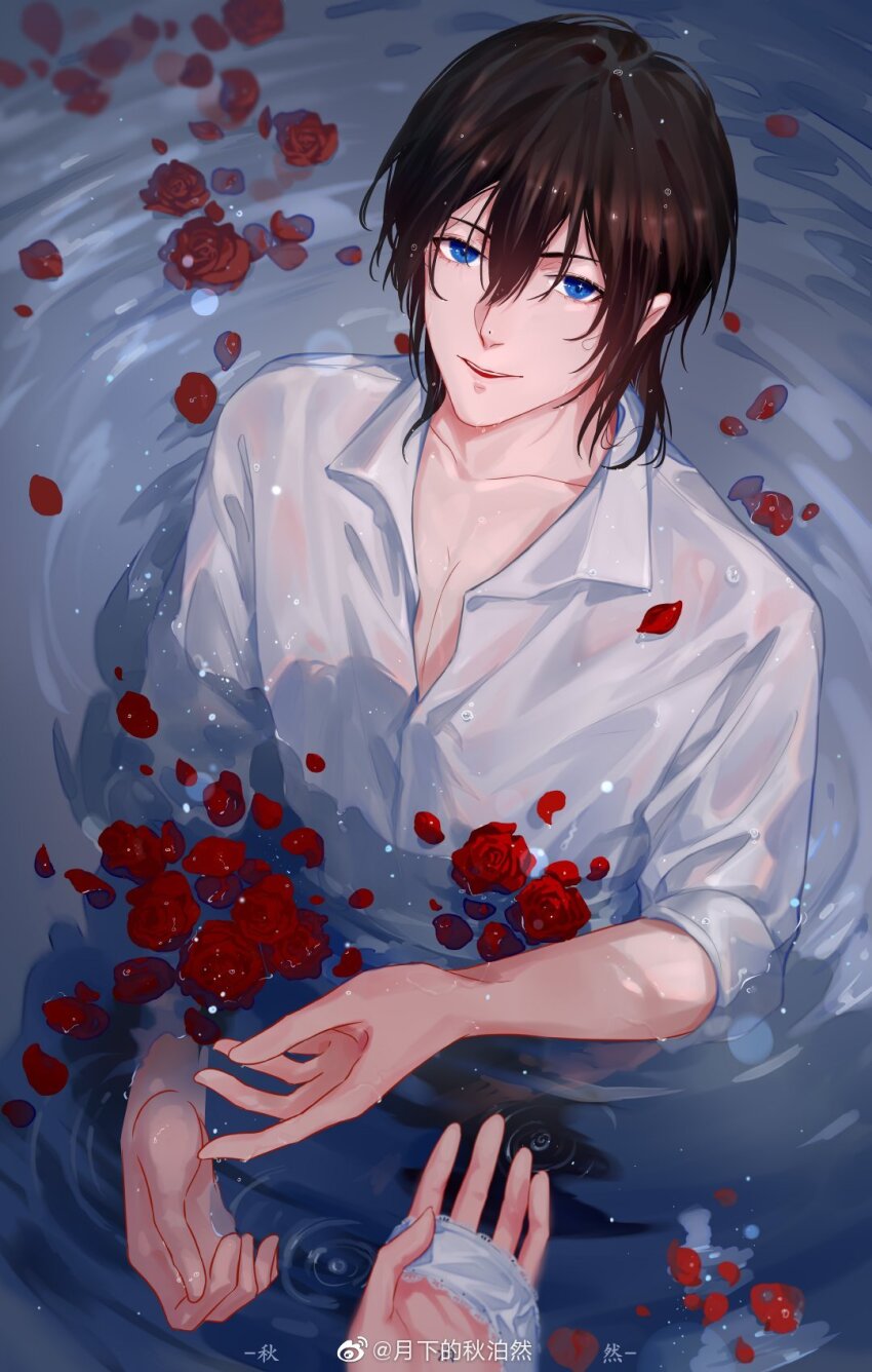 1boy, bai_liu, bishounen, blue_eyes, flower, highres, i_became_a_god_in_a_horror_game, looking_at_another, partially_underwater_shot, pov, pov_hands, red_flower, red_rose, rose, shirt, watermark, weibo_watermark, wet, wet_clothes, whitcle, white_shirt