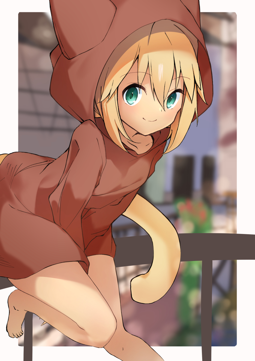 1girl, absurdres, animal_hood, arms_between_legs, barefoot, blonde_hair, blush, bridge