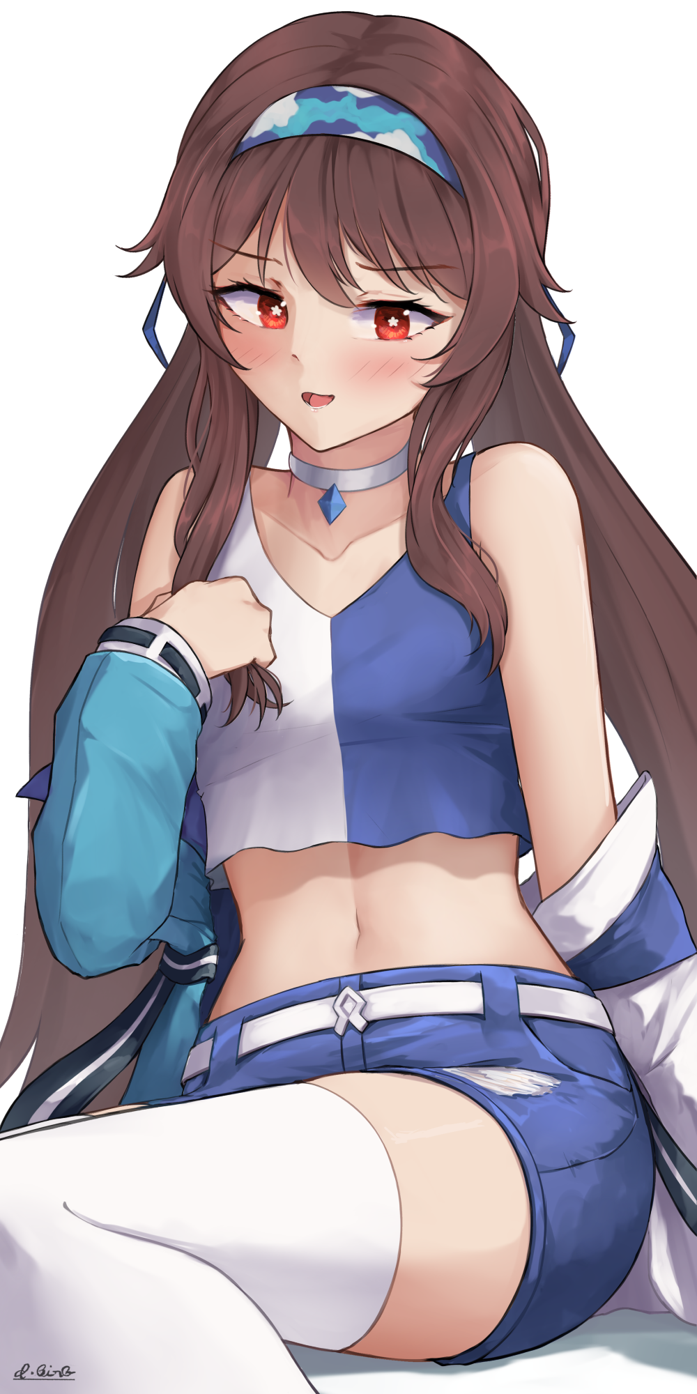 1girl, :d, bare_shoulders, blue_hairband, blue_shirt, blue_shorts, blush, brown_hair