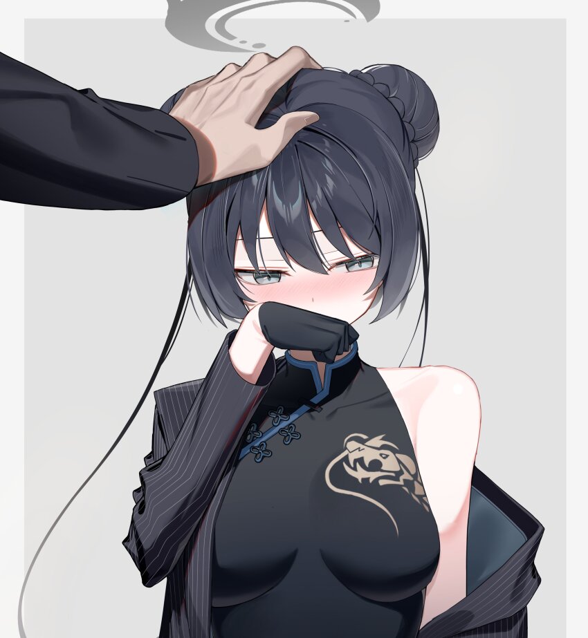 1boy, 1girl, absurdres, black_dress, black_gloves, black_hair, blue_archive, blush