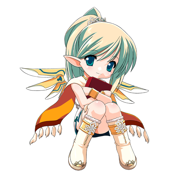1girl, 2000s_(style), blue_eyes, blue_wings, book, boots, bracer, chibi