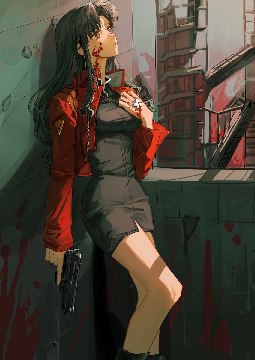 1girl, absurdres, against_wall, ankle_boots, arm_at_side, balcony, black_boots, black_dress, black_hair, blood, blood_on_face, blood_on_hands, blood_on_wall, blood_splatter, boots, breasts, brown_eyes, building, chinese_commentary, collared_jacket, commentary_request, cropped_jacket, cross, cross_necklace, danshui, dress, expressionless, feet_out_of_frame, from_side, greek_cross, gun, h&amp;k_usp, hand_on_own_chest, handgun, highres, holding, holding_gun, holding_weapon, jacket, jewelry, katsuragi_misato, leaning_back, long_hair, long_sleeves, looking_up, medium_breasts, necklace, neon_genesis_evangelion, parted_bangs, parted_lips, pencil_dress, pendant, red_jacket, solo, standing, weapon, zipper