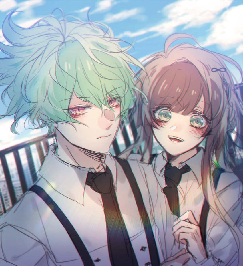 1boy, 1girl, akazumii, black_necktie, blue_hair, blush, brown_hair, collar_x_malice