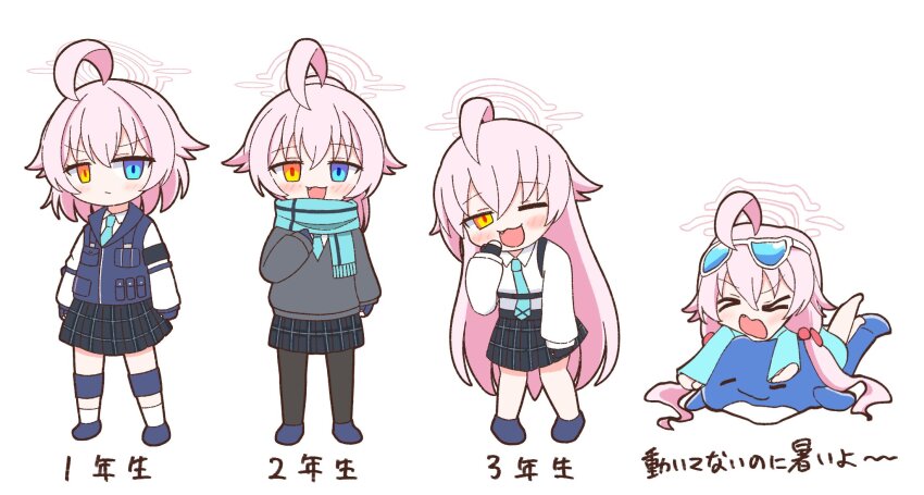 1girl, achilles_(yosshyachillesd), age_progression, ahoge, blue_archive, blue_eyes, blue_necktie, deformed