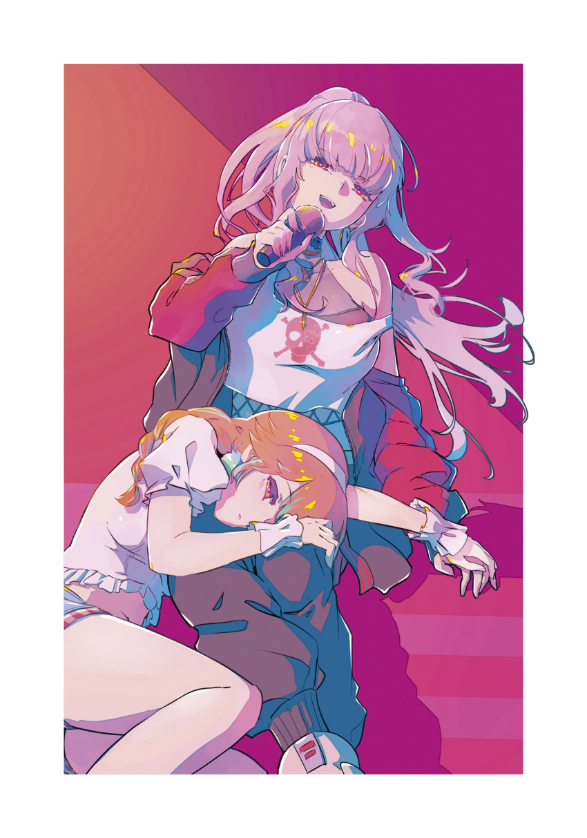 2girls, baseball_cap, black_headwear, black_jacket, black_pants, black_shirt, blunt_bangs, breasts