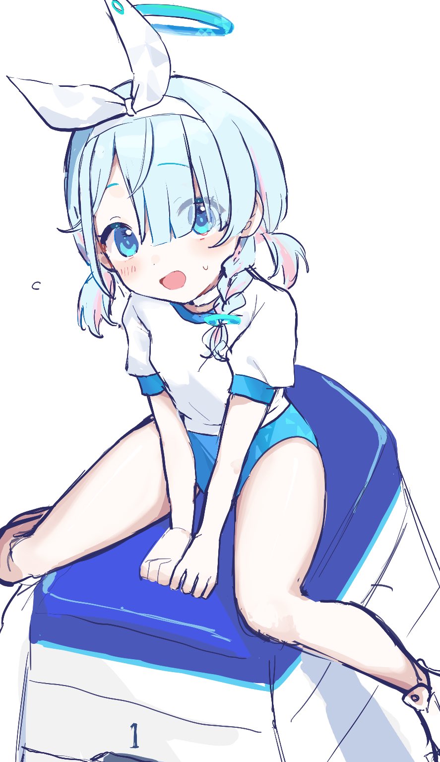 1girl, ao_(mintz), arona_(blue_archive), blue_archive, blue_buruma, blue_hair, blush, bow_hairband