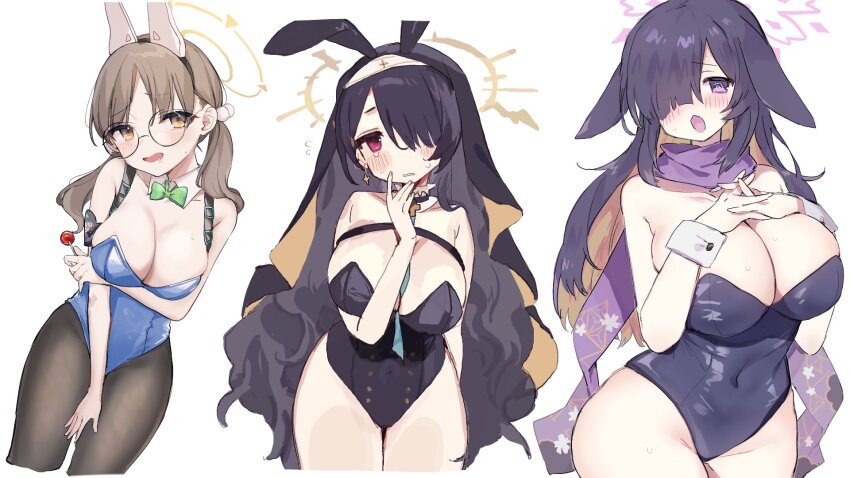 @_@, alternate_costume, animal_ears, ao_(mintz), arm_under_breasts, bare_shoulders, black_hair, black_leotard, black_pantyhose, blue_archive, blue_leotard, blush, breast_suppress, breasts, brown_hair, candy, cleavage, covered_navel, cropped_legs, detached_collar, fake_animal_ears, food, glasses, groin, habit, hair_ornament, hair_over_one_eye, hairband, halo, highres, hinata_(blue_archive), holding, holding_candy, holding_food, holding_lollipop, large_breasts, leotard, lollipop, long_hair, looking_at_viewer, moe_(blue_archive), nun_headdress, open_mouth, pantyhose, parted_bangs, playboy_bunny, pom_pom_(clothes), pom_pom_hair_ornament, purple_eyes, purple_hair, rabbit_ears, red_eyes, round_eyewear, saliva, scarf, tsukuyo_(blue_archive), twintails, white_background, wrist_cuffs, yellow_eyes