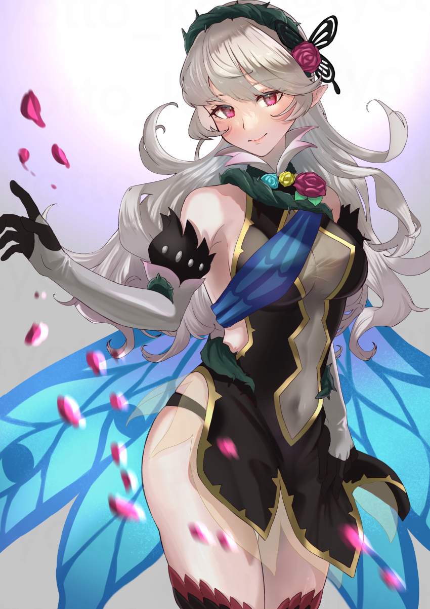 1girl, absurdres, blush, breasts, butterfly_hair_ornament, cape, collar, female_corrin_(fire_emblem), female_corrin_(resplendent)_(fire_emblem), fire_emblem, fire_emblem_fates, fire_emblem_heroes, flower, gloves, grey_hair, hair_between_eyes, hair_ornament, hairband, highres, long_hair, medium_breasts, navel, nintendo, official_alternate_costume, panty_straps, plant, pointy_ears, red_eyes, red_flower, red_rose, rose, see-through_clothes, smile, solo, thorns, tyotto_ko_i