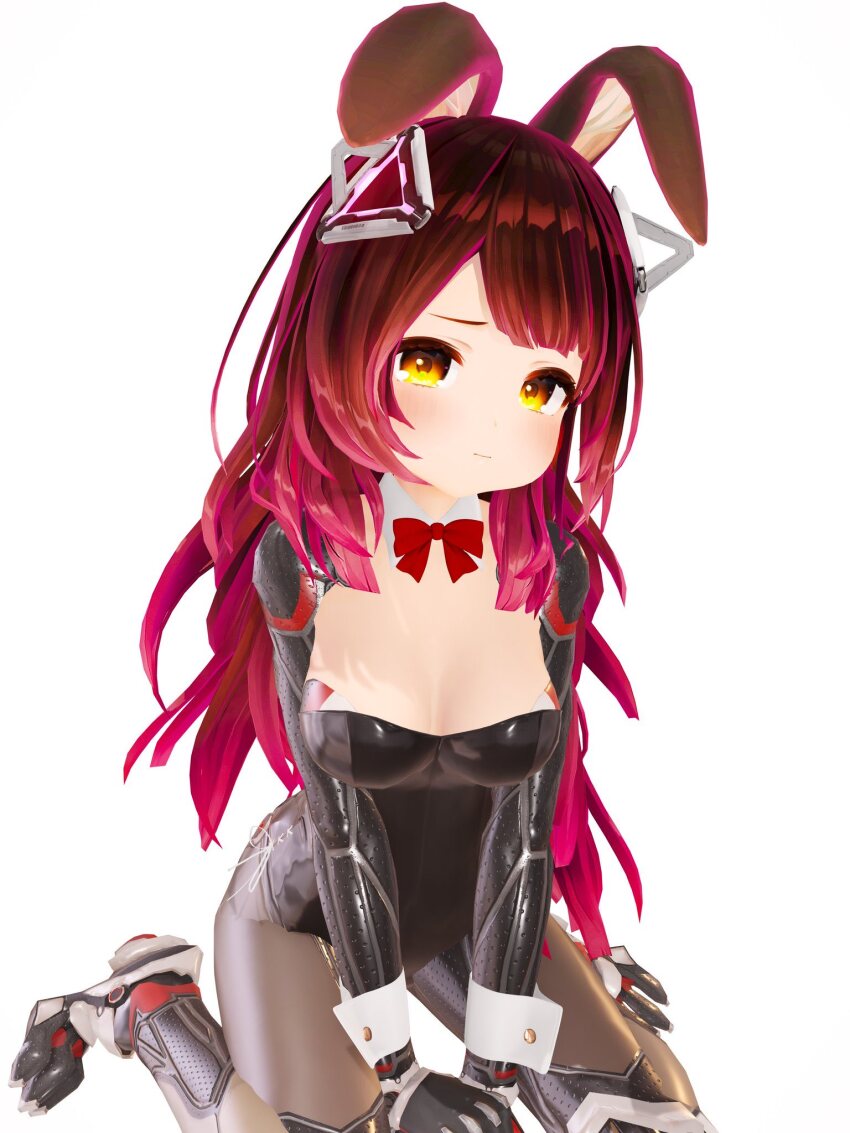 3d, :l, alternate_costume, animal_ears, breasts, brown_hair, fake_animal_ears, gradient_hair, hair_ornament, highres, hololive, inflated_lips, kneeling, long_hair, mechanical_arms, mechanical_legs, medium_breasts, multicolored_hair, playboy_bunny, pout, red_hair, roboco-san, sad, virtual_youtuber, white_background