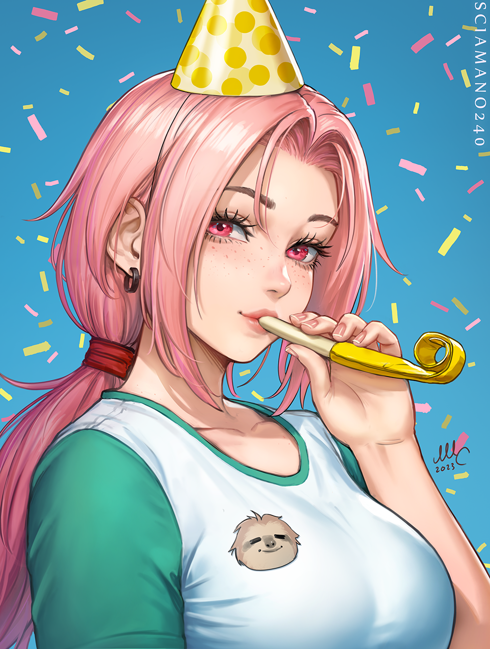 1girl, breasts, collarbone, forehead, freckles, from_side, green_shirt, hair_ornament, hair_scrunchie, hand_up, happy_birthday, hat, highres, holding, large_breasts, long_hair, looking_at_viewer, low_ponytail, original, party_hat, party_whistle, pink_eyes, pink_hair, ponytail, portrait, red_scrunchie, sciamano240, scrunchie, shirt, solo, t-shirt, two-tone_shirt, white_shirt