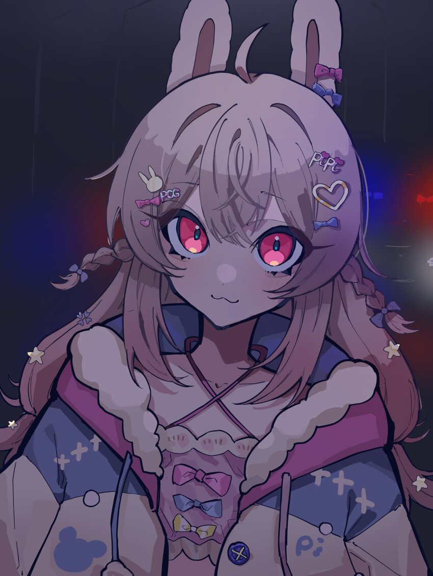 1girl, :3, absurdres, ahoge, animal_ears, blurry, blurry_background, braid, car, collarbone, commentary, drawstring, english_commentary, fur_trim, hair_between_eyes, hair_ornament, hairclip, heart, heart_hair_ornament, highres, jacket, long_hair, looking_at_viewer, mentally_deficient, motor_vehicle, phase_connect, pink_hair, pipkin_pippa, pipkin_pippa_(1st_costume), police_car, rabbit_ears, rabbit_girl, rabbit_hair_ornament, red_eyes, smile, solo, twin_braids, upper_body, virtual_youtuber