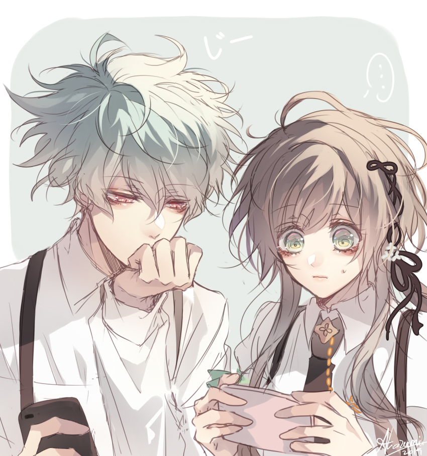 1boy, 1girl, absurdres, akazumii, blue_hair, border, brown_eyes, brown_hair