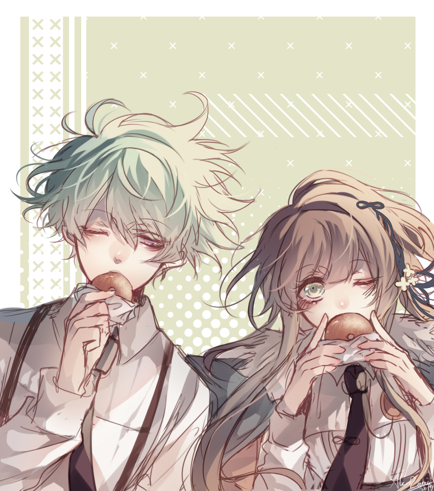 1boy, 1girl, absurdres, akazumii, black_necktie, blue_hair, brown_eyes, brown_hair