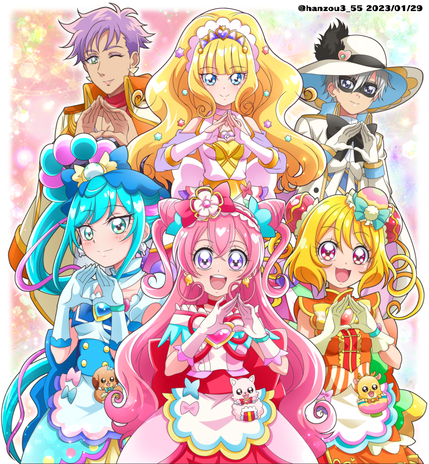 2boys, 4girls, :d, apron, back_bow, big_hair, black_bow, black_pepper_(precure)