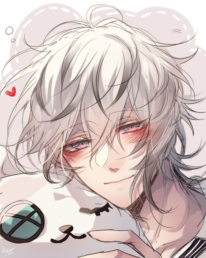 1boy, absurdres, akazumii, blush, brown_eyes, closed_mouth, collar_x_malice, collared_shirt