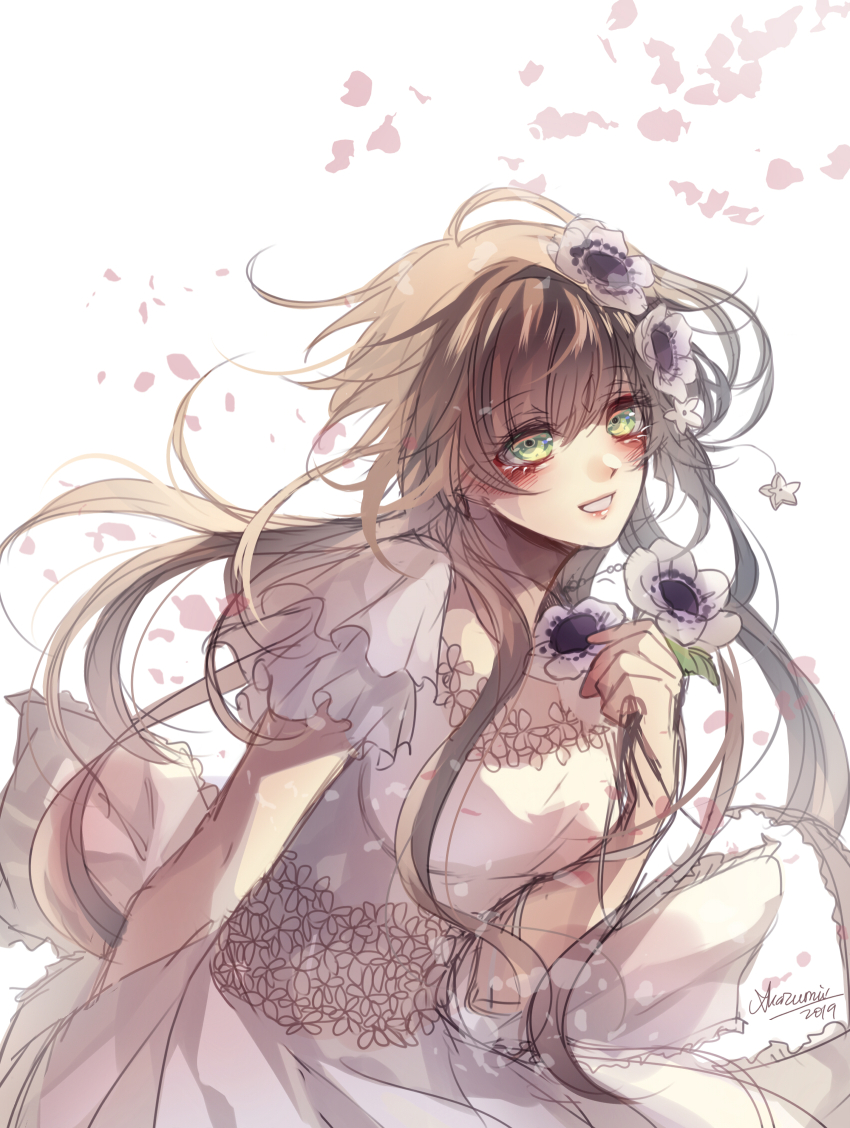 1girl, akazumii, blush, brown_hair, collar_x_malice, dress, flower, green_eyes
