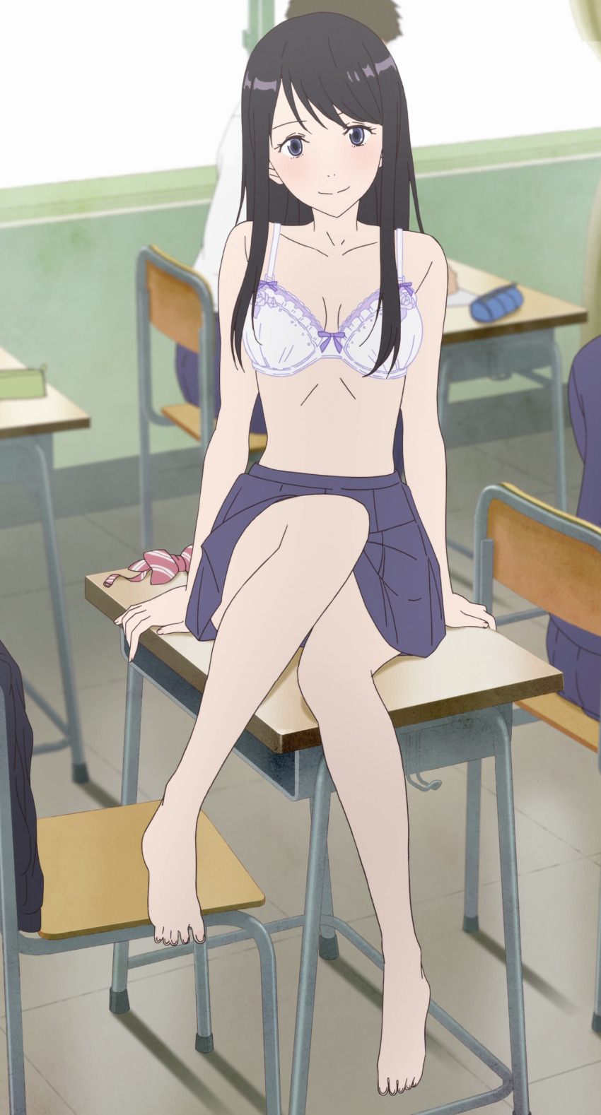 1girl, absurdres, anime_screenshot, barefoot, bra, classroom, desk, fragtime, highres, looking_at_viewer, murakami_haruka, on_desk, sitting, smile, solo, stitched, third-party_edit, underwear