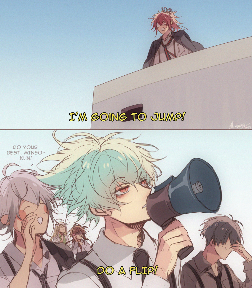 1girl, 5boys, absurdres, akazumii, black_hair, blonde_hair, blue_hair, brown_hair