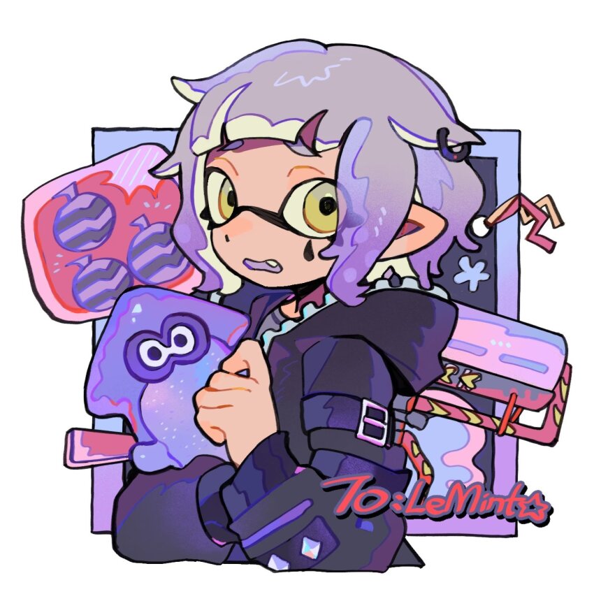 1girl, bakori514_(h_akka), black_jacket, blunt_bangs, border, burst_bomb_(splatoon), carbon_roller_(splatoon), english_text