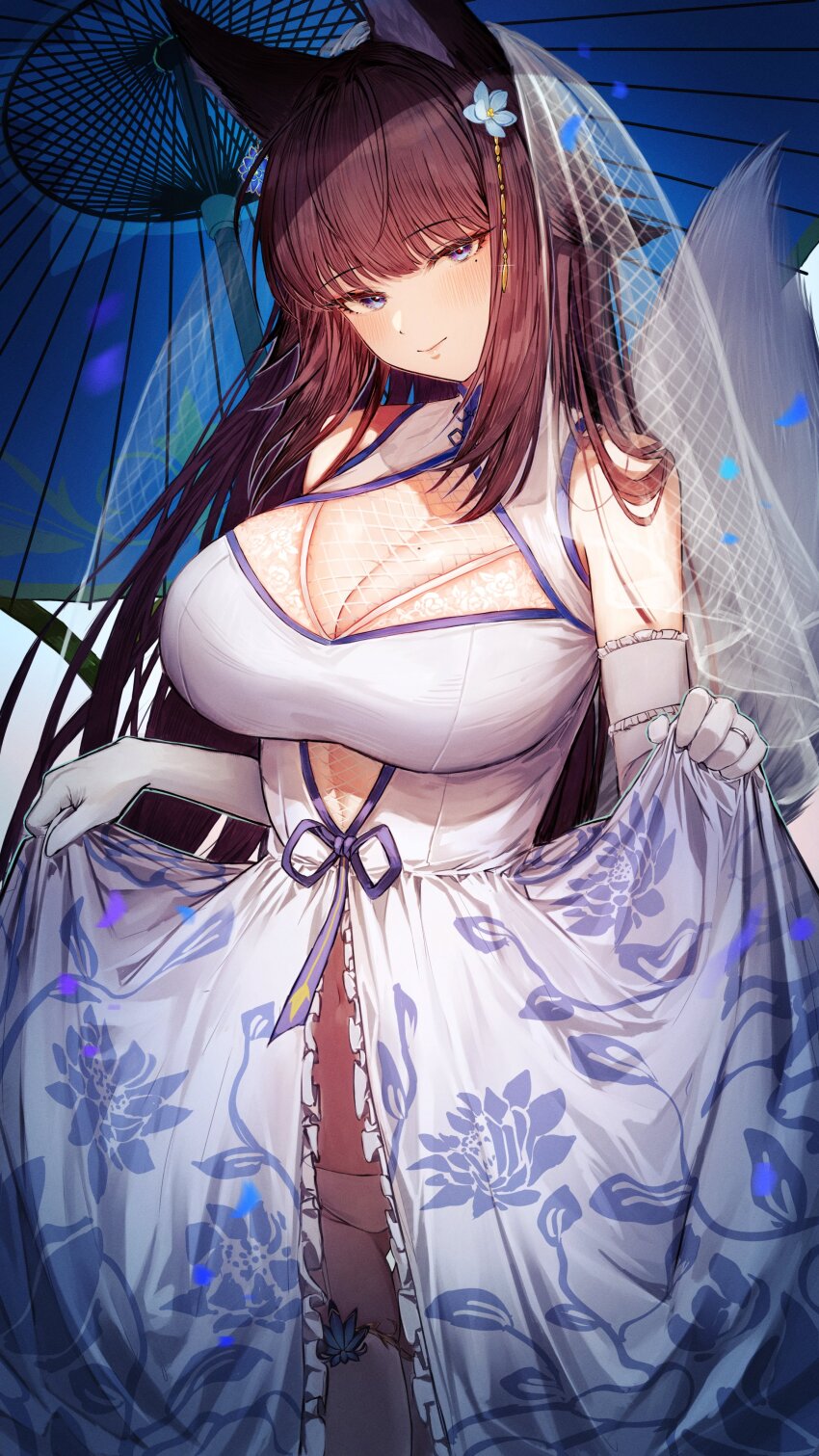 absurdres, animal_ears, black_hair, blue_eyes, blush, breasts, cleavage, cleavage_cutout