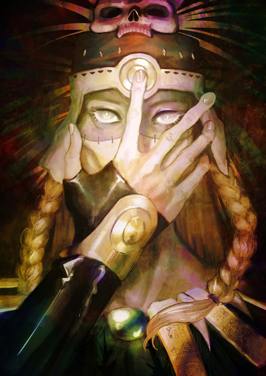 1boy, absurdres, blonde_hair, braid, covered_mouth, covering_face, fate/grand_order, fate_(series)