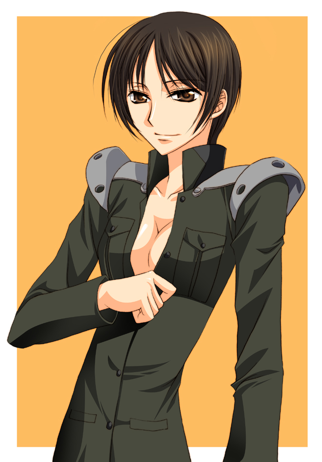 1girl, asano_akira, breasts, brown_hair, chiba_nagisa, cleavage, code_geass, female_focus, flat_chest, military, military_uniform, short_hair, solo
