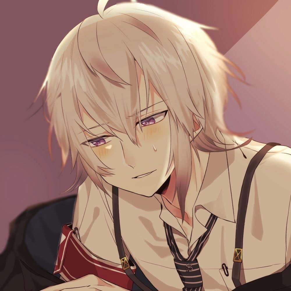 1boy, black_necktie, blush, collar_x_malice, collared_shirt, grey_hair, hokka_hokka, long_sleeves