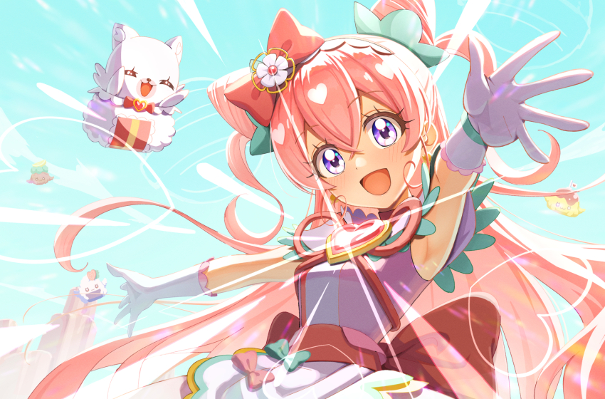 1girl, :d, apron, armpits, back_bow, blue_sky, bow, brooch