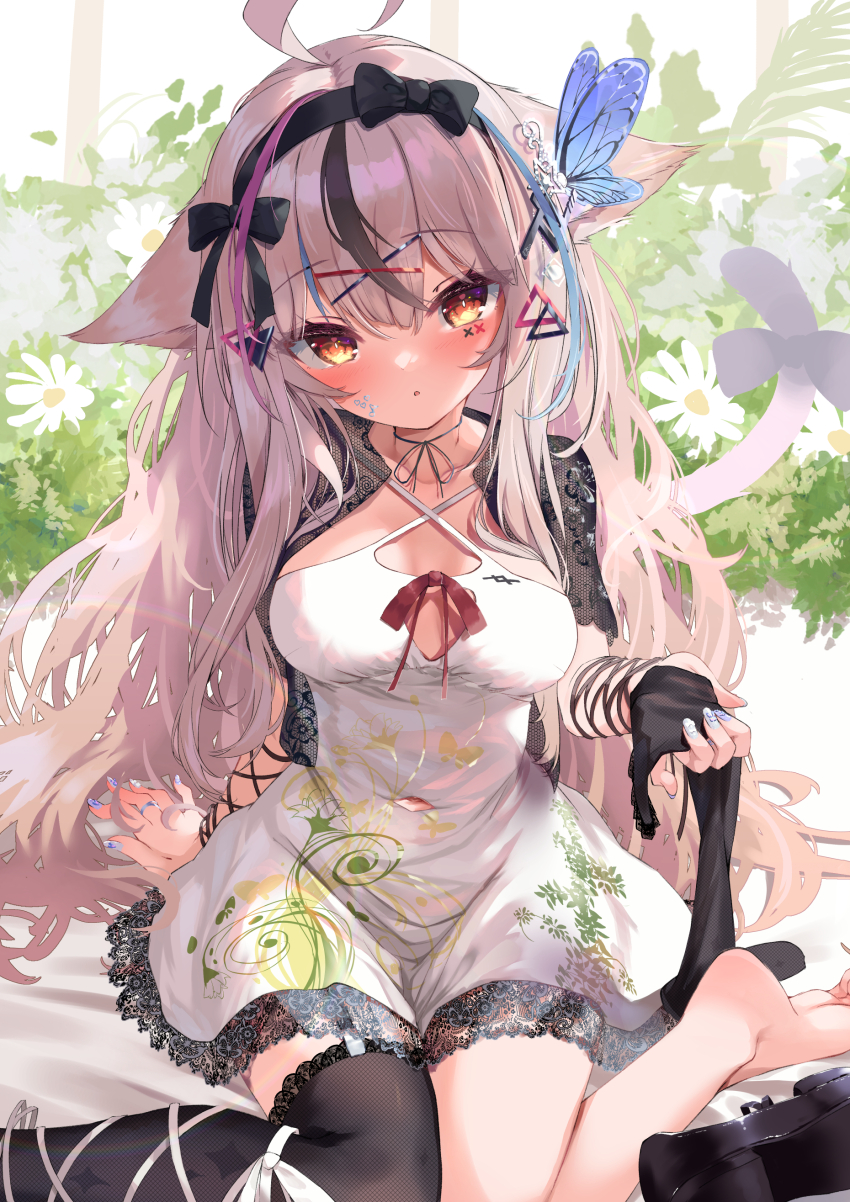 1girl, :o, absurdres, ahoge, animal_ears, animal_print, arm_support, arm_wrap