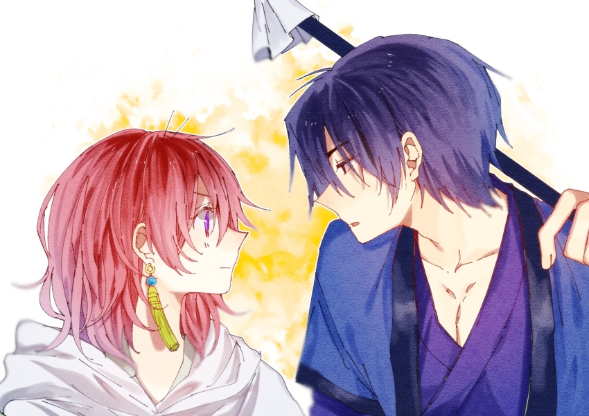 0819_chii, 1boy, 1girl, akatsuki_no_yona, black_hair, blue_eyes, blush, closed_mouth