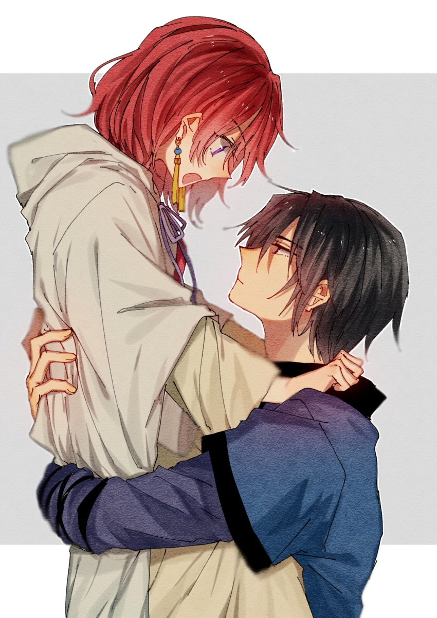 0819_chii, 1boy, 1girl, akatsuki_no_yona, black_hair, blue_eyes, blue_shirt, earrings, grey_background, hak_(akatsuki_no_yona), hetero, highres, jewelry, long_sleeves, looking_at_another, looking_down, looking_up, multicolored_background, purple_eyes, red_hair, shirt, short_hair, white_background, yona_(akatsuki_no_yona)