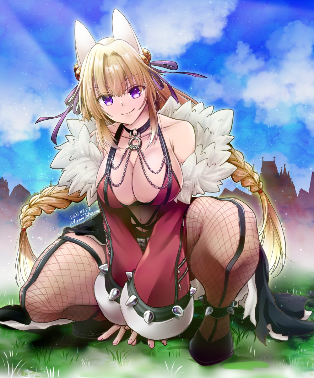 1girl, animal_ears, bell, black_shoes, blonde_hair, blue_sky, braid, breasts, cleavage, closed_mouth, cloud, commentary_request, dated, day, detached_sleeves, fishnet_pantyhose, fishnets, fox_ears, full_body, fur-trimmed_sleeves, fur_trim, grass, hair_bell, hair_intakes, hair_ornament, hair_ribbon, highres, jingle_bell, large_breasts, long_hair, looking_at_viewer, low_twin_braids, miniskirt, official_alternate_costume, outdoors, pantyhose, purple_eyes, purple_ribbon, ragnarok_online, red_skirt, red_sleeves, red_sports_bra, ribbon, shadow_chaser_(ragnarok_online), shoes, signature, skirt, sky, smile, solo, sports_bra, squatting, takaha_momo, twin_braids, very_long_hair