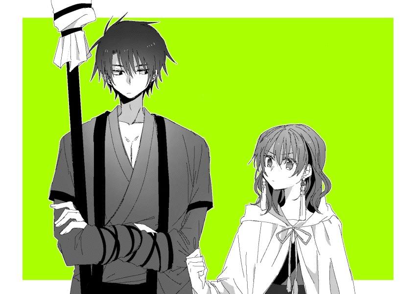 0819_chii, 1boy, 1girl, akatsuki_no_yona, border, cloak, crossed_arms, earrings